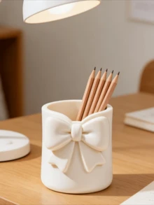 1pc Bowknot Round Pen Holder, 3D Printed Multi-Functional Storage Bucket, Home Storage Desk Stationery Makeup Vanity Storage Makeup Brushes Eyebrow Pencils Lipsticks, Student Stationery Storage Pencils Ballpoint Pens, Multi-Functional Storage Box Cute Pen Holder, Student Gift, Birthday Gift, Back To School Season Goodies,Back To School - Bow-shaped Round Pen Holder - View 5