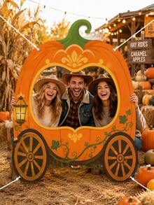 1pc Vintage Pumpkin Carriage Wagon Wheel Fall Photo Booth Frame - Reusable Hanging Selfie Backdrop For Pumpkin Patch, Thanksgiving Farm Party, Autumn Harvest Festival & Cozy Family Photo Fun - A - View 3