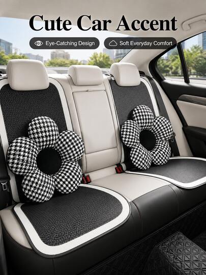 Cute Floral Car Neck Pillow And Lumbar Support Pillow, Houndstooth Plush Car Headrest Back Cushion, For Neck And Lumbar Support, Soft And Comfortable Car Seat Pillow, Universal Car Interior Accessory Decoration, Suitable For Women And Girls, Aesthetic Driving Pillow Gift