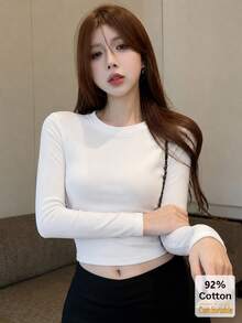 返校季白色長袖女款多功能短版上衣 秋冬修身顯身材內搭層 性感休閒 - 白色 - 查看 1