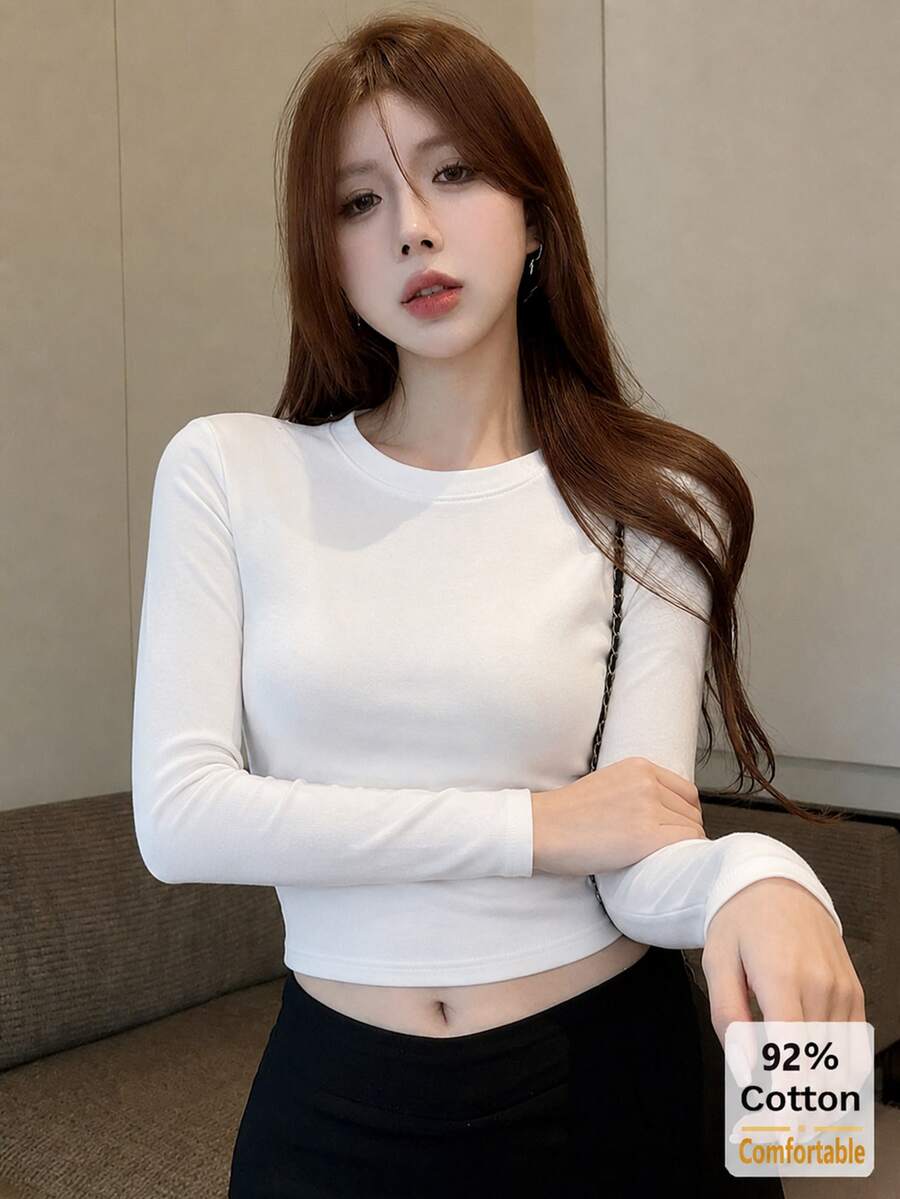 返校季白色長袖女款多功能短版上衣 秋冬修身顯身材內搭層 性感休閒 - 白色 - 查看 1