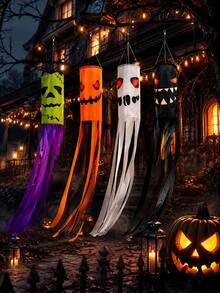 4pcs Halloween Wind Vane Decor, Monster Pumpkin Ghost Pattern Cylindrical Long Tassel Hanging Flags, Suitable For Halloween Party, Outdoor Yard, Porch, Haunted House And Horror Scene Decoration - Halloween - View 1