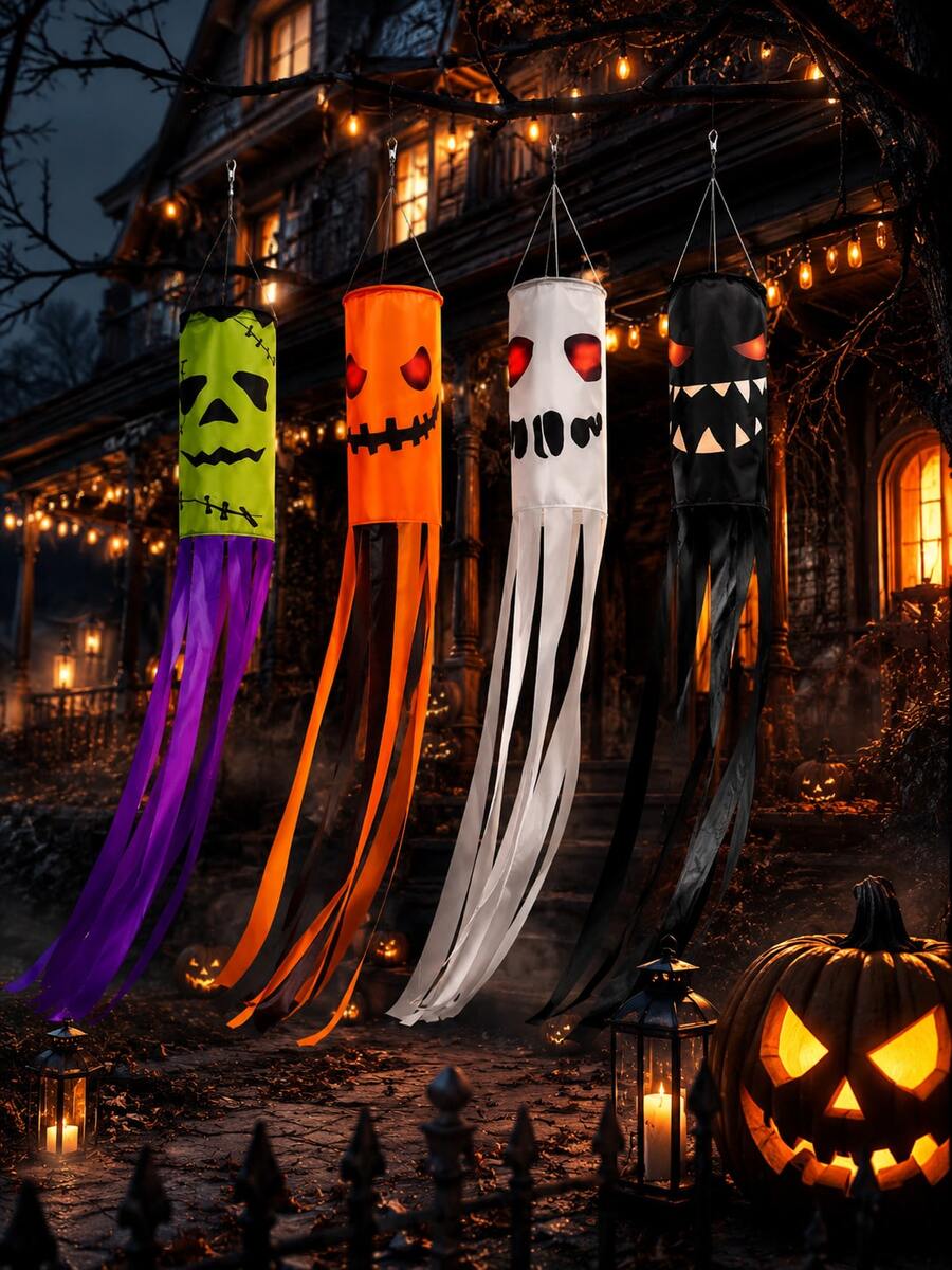4pcs Halloween Wind Vane Decor, Monster Pumpkin Ghost Pattern Cylindrical Long Tassel Hanging Flags, Suitable For Halloween Party, Outdoor Yard, Porch, Haunted House And Horror Scene Decoration - Halloween - View 1