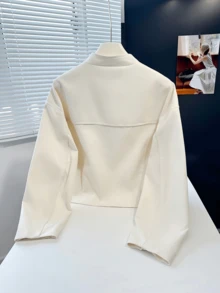 FGGG Women's Spring/Summer Drop-Shoulder Long Sleeve Small Stand Collar Elegant Old Money Style Short Woven Jacket, Beige - Beige - View 7