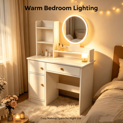 White Makeup Vanity Desk With Round LED Light Mirror, Multi-Tier Open Shelves, Hidden Side Cabinet And Divided Makeup Drawers, Space Saving Dressing Table, Aesthetic Y2K Bedroom Furniture For Teen Girls Small Apartment Dorm