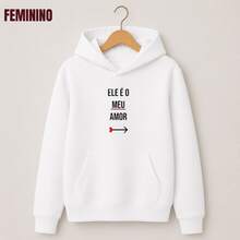 Moletom Canguru SOMENTE 1 PEÇA Unissex Agasalho Estamp Casal Ele é Meu Amor, Ela é Meu Amor Romântico Fofo Inverno - Feminino - Branco - Visão 2