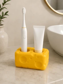 1pc Cheese Design Toothbrush Holder, 2-Slot Bathroom Countertop Organizer For Electric Toothbrush & Toothpaste, Cute Bathroom Storage Decor - Multicolor - View 7