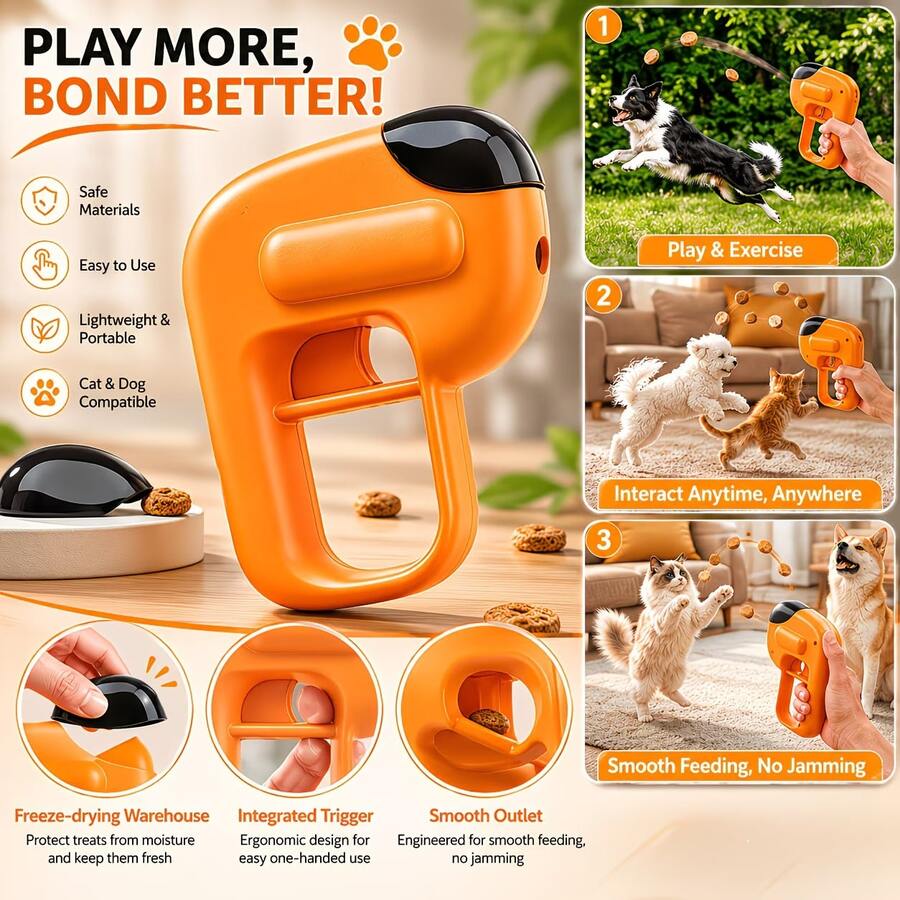 Interactive Dog Treat Launcher, Pet Food Catapult For Training & Enrichment, Portable Treat Shooter Toy For Puppy & Cat, Fits Round Dry Kibble, No Batteries Required - Multicolor - View 1