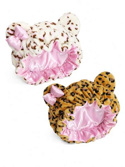 YPGVUO Women's Cute Leopard Print Plush Sleep Cap, Satin Lining, With Bear Ears And Bow, Suitable For Curly Hair Overnight Care