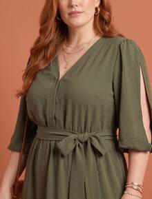 Women's Plus Size Long Dress Duna Flowy 3/4 Sleeve V-Neck Waist Tie Slit Ruffled Hem With Slit - 軍綠色 - 查看 3