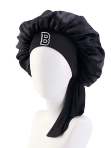 1pc A-Z Letter Adjustable Tie Style! Black Satin Letter Hair Care Sleep Cap, Women's Exclusive, Home Sleep Hair Care Bonnet, Luxury Care Hat - Black - View 6