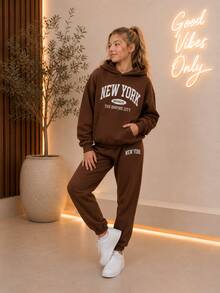 2-Piece Girls' Thermal Sweatshirt Set With Hood And Jogger Pants, Sizes 8-14 - 鏽棕色 - 查看 3