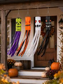 4pcs Halloween Wind Vane Decor, Monster Pumpkin Ghost Pattern Cylindrical Long Tassel Hanging Flags, Suitable For Halloween Party, Outdoor Yard, Porch, Haunted House And Horror Scene Decoration - Halloween - View 8