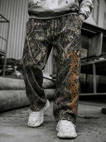 Fractyr Men's Black Elastic Waist Drawstring Sports Pants, Vintage Tree Branch & Dried Leaf Camouflage Wilderness Tree Pattern Print Wide Leg Pants, Drawstring Elastic Waist Draped Loose Fit Long Pants, Casual Everyday Wear - Khaki - View 2
