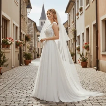 Bridal Wedding Double Layer Tulle Veil, Suitable For Church Wedding, Beach Wedding, Graduation Ball, Photography | Soft White Tulle Train Bridal Veil, European Elegant Bridal Headpiece - Beige - View 4
