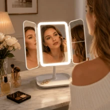LED 3-Fold Makeup Mirror, Actual 2x/3x Magnification, 3 Lighting Modes, Foldable Storage, Vanity Mirror With Storage Base, Rotatable Makeup Mirror, Touch Control, 600mAh Battery, Ideal Holiday Gift - Multicolor - View 8