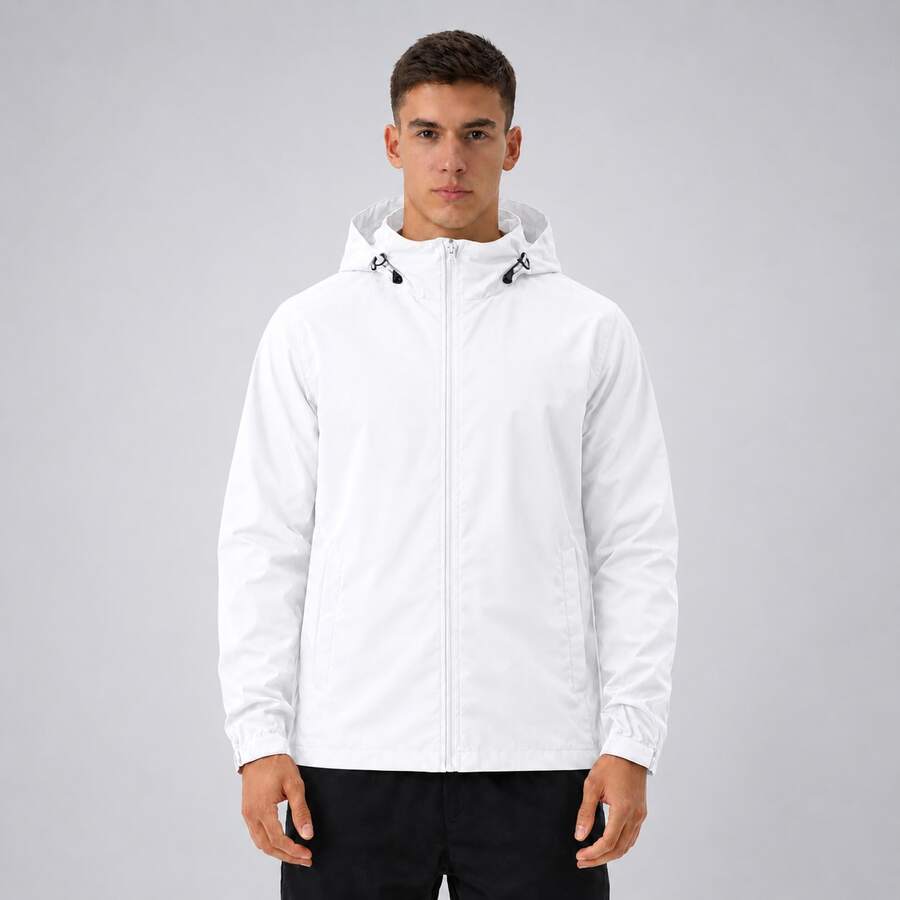 Men's Waterproof Windbreaker With Removable Hood, Sports Jacket For Gym Or Running - 白色 - 查看 1