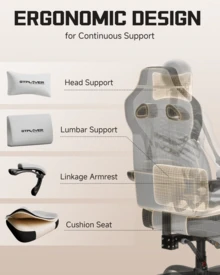Fabric Gaming Chair With Footrest, Ergonomic Computer Desk Chair With Pocket Spring Cushion Home Office High Back Support Lumbar Support Heavy Duty Wide - White - View 3