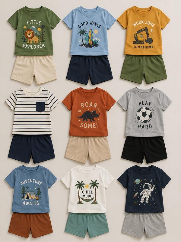 Kit 6 Peças de Roupas Infantil MENINO SORTIDO - 3 Blusas + 3 Shorts Xx