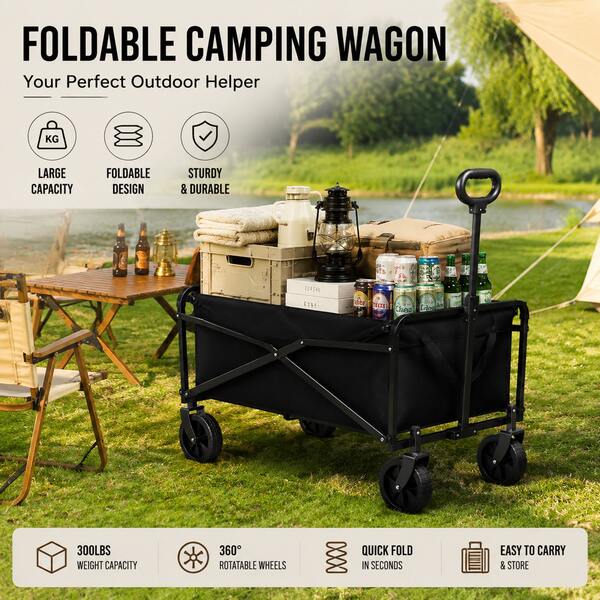 Carro de utilidad plegable premium – Carro portátil todo terreno para exteriores con marco de metal reforzado y ruedas duraderas – Solución de almacenamiento versátil y plegable para transporte de equipo de camping, playa, picnic, RV y deportes
