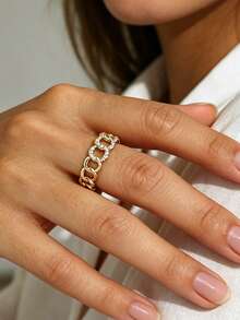 Charm-In 18K Gold Plated Chunky Link Chain Open Cuff Ring Partial Pave Zirconia Adjustable Stack Band Streetwear Jewelry For Women - Yellow Gold - View 3