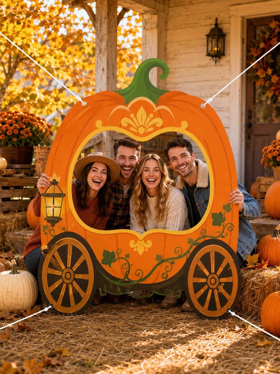 1pc Vintage Pumpkin Carriage Wagon Wheel Fall Photo Booth Frame - Reusable Hanging Selfie Backdrop For Pumpkin Patch, Thanksgiving Farm Party, Autumn Harvest Festival & Cozy Family Photo Fun - A - View 1