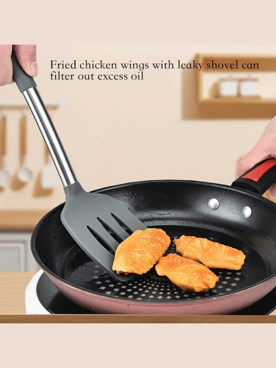 2pcs Premium Silicone Spatula Set, Durable Solid And Perforated Design, Heat-Resistant Flexible Non-Scratch, With Polished Stainless Steel Hook Handle, Easy To Clean Multi-Functional Kitchen Utensils - Khaki - View 1