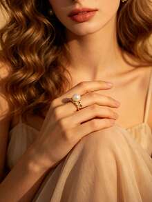 1 pièce Bague réglable en acier inoxydable plaqué or 18 carats avec chaîne cubaine et perle, convient pour les occasions quotidiennes, les trajets et les rendez-vous - R0235-02 - Voir 1