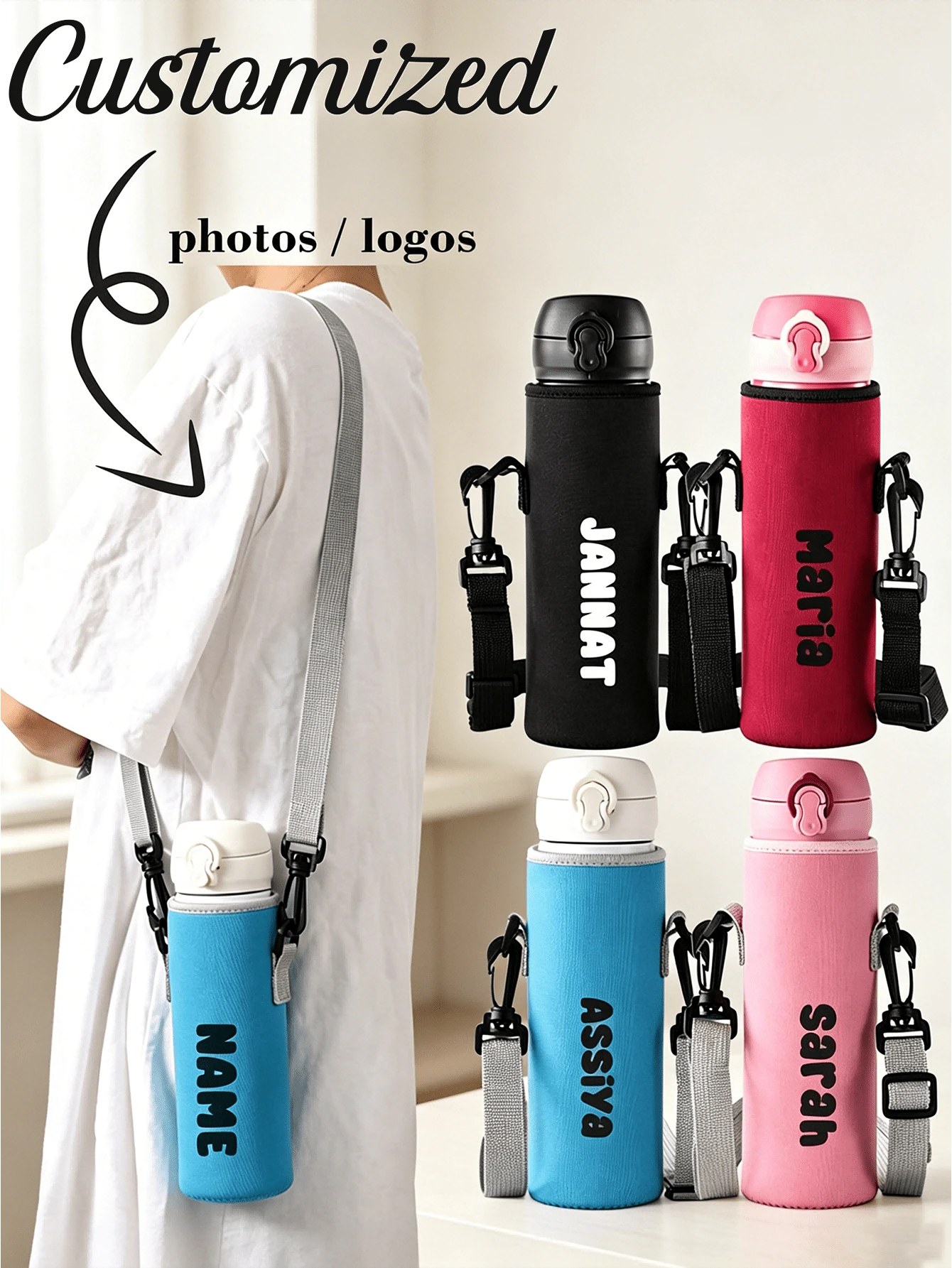 1pc Angled Bottle Sleeve, Crossbody Or Handheld, Travel Essential, Customized Travel Name Text Insulated Neoprene Bottle Holder With Adjustable Strap - Fits 12oz To 40oz Stainless Steel, Glass And Plastic Bottles - Blue - View 1