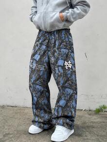 Fractyr Men's Elastic Waist Drawstring Sports Pants, American Vintage Tree Pattern Camouflage Print Wide Leg Pants With Drawstring Elastic Waist, Draped Loose Fit Casual Long Pants For Daily Wear - Blue - View 1
