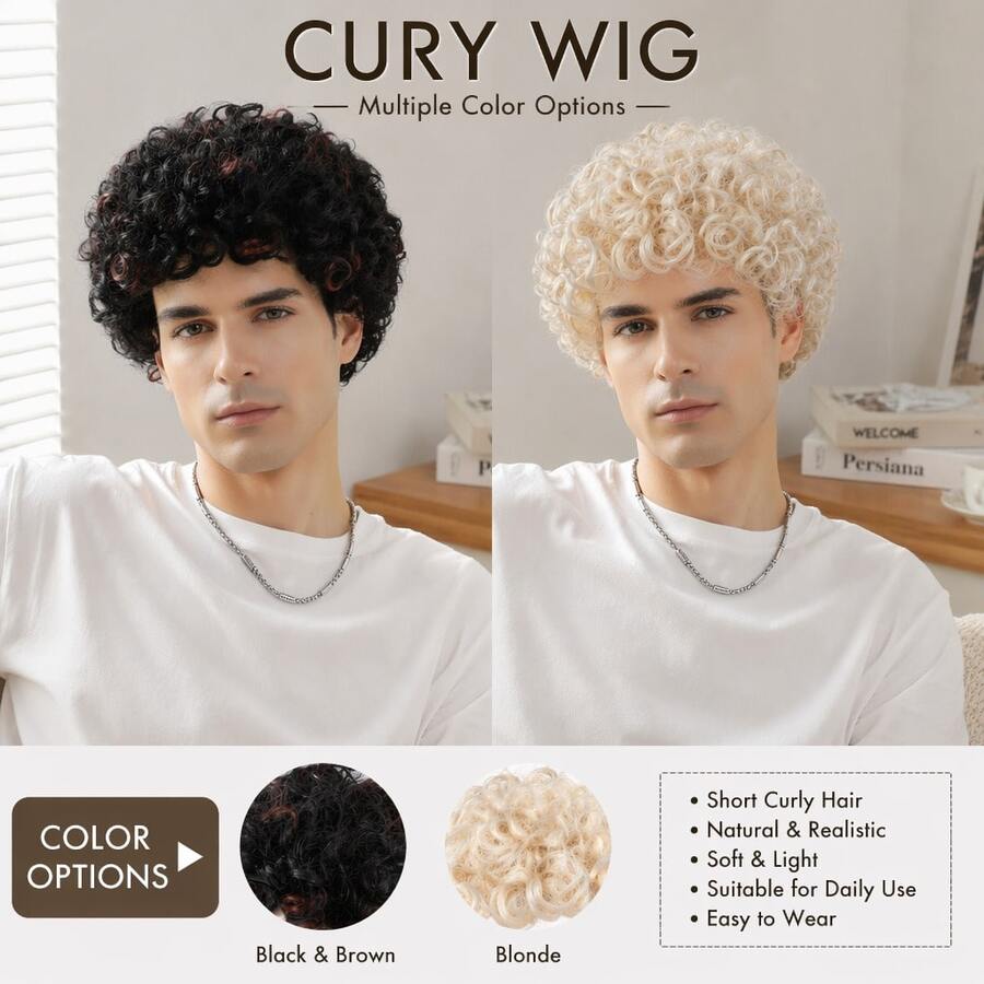 Peruca Afro Curta e Encaracolada Preta com Destaques Marrons para Homens, Peruca de Fibra Resistente ao Calor e Alta Temperatura, Fofa, Confortável e Respirável, com Touca de Rede Rosa, Adequada para Uso Diário, Festa, Cosplay e Halloween - Multicolorido - Visão 1