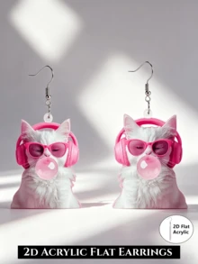Pendientes colgantes 2D planos de gato blanco chicle rosa, gafas de moda de auriculares acrílicos rosa para mujer, orejas de gato geniales, estilo Y2K, animal lindo, amante de la música, joyería divertida, regalo - Gato blanco de chicle - Ver 4
