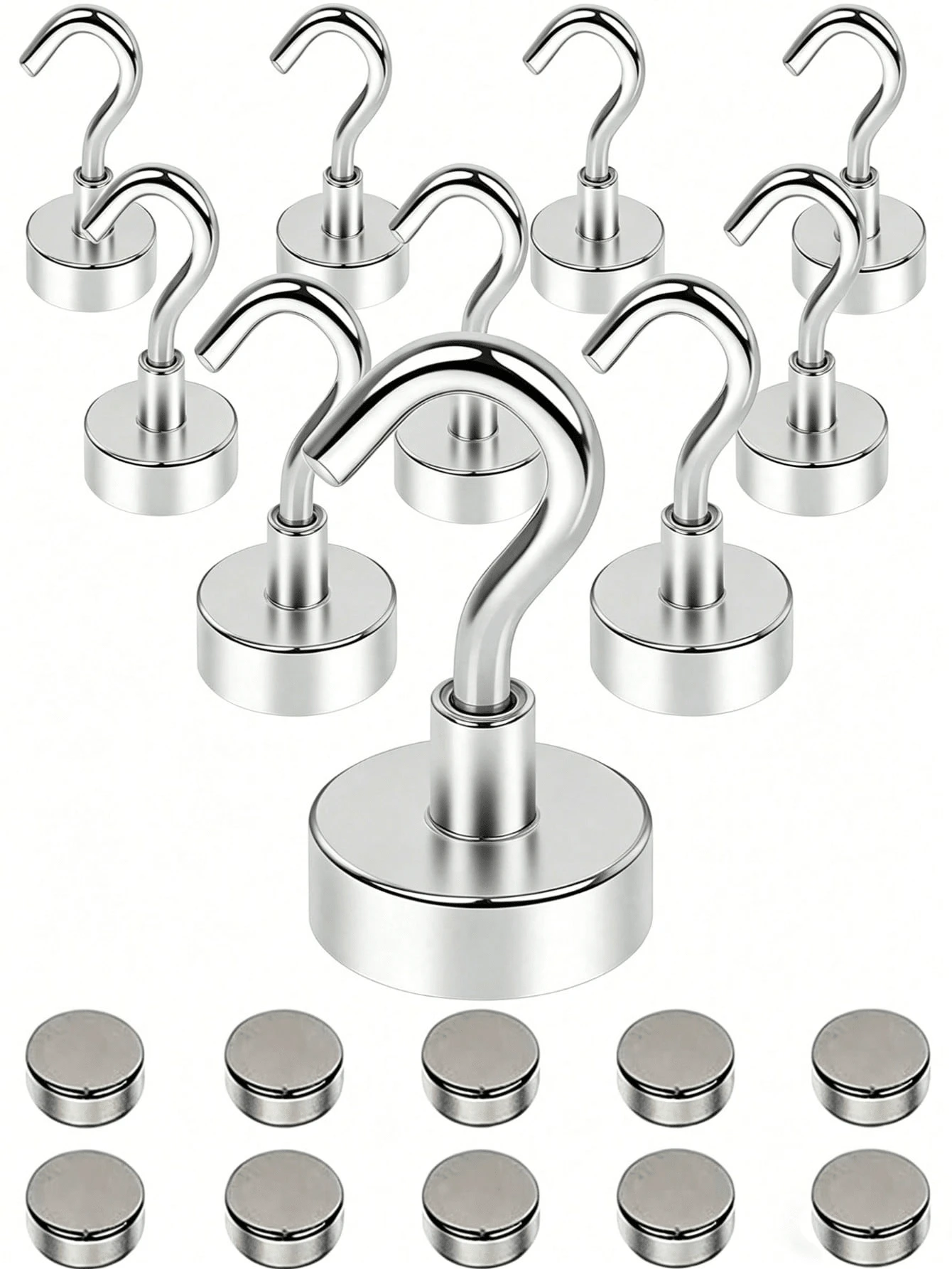 Strong Magnetic Hooks, High Load Capacity, No Drilling Required, Can Be Hung With Magnets And Adhesives, No Nails Needed, Suitable For Refrigerator, Kitchen, Grill, Garage And Storage Space. Damage Free Wall Magnetic Hooks, Heavy-Duty Magnetic Floor Hooks, Refrigerator Fishing Magnet Hooks, Ultra-Strong Magnetic Hanging Hooks. 5/10/20pcs Set - Silver - View 1