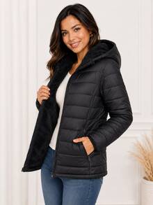 Women's Plush Puffer Jacket With Faux Fur Lining, Hood With Removable Fur, Suitable For Cold Winter And Waterproof. - 黑色帽子無絨 - 查看 7