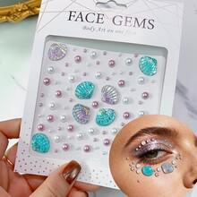 2pcs 3D Face Crystal Rhinestone Stickers, Blue Purple Mermaid Pearl Design, Perfect For Makeup And Body Decoration - 彩色 - 查看 4