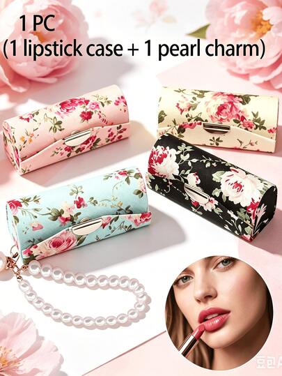 Women's Vintage Floral Lipstick Case With Mirror And Pearl Pendant - Foldable Cosmetic Storage Bag, Perfect Women's Gift - Elegant Foldable Design, Convenient For Carrying Lipstick, Storing Lipstick And Small Items, Can Be Given As A Gift To Girlfriend, Mother, Grandmother, Or As A Party Favor