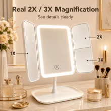 LED 3-Fold Makeup Mirror, Actual 2x/3x Magnification, 3 Lighting Modes, Foldable Storage, Vanity Mirror With Storage Base, Rotatable Makeup Mirror, Touch Control, 600mAh Battery, Ideal Holiday Gift - Multicolor - View 3