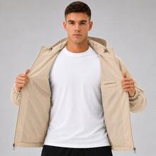 Men's Waterproof Windbreaker With Removable Hood, Sports Jacket For Gym Or Running - 米色 - 查看 5