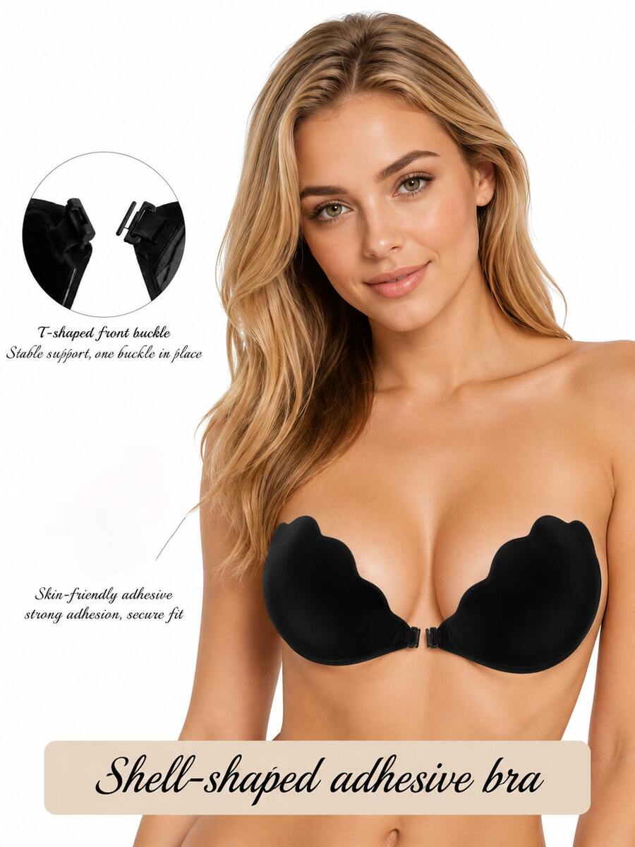 Shell-Shaped Strapless Invisible Push-Up Adhesive Bra, Front Closure Design, Seamless Lift And Support - 黑色 - 查看 1