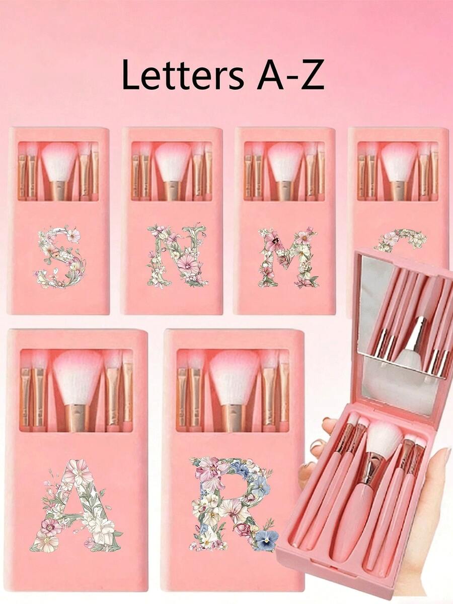 5件組便攜式化妝刷套裝附鏡子,花卉與字母A-Z設計,附鏡子收納盒化妝刷組,多功能化妝刷,底妝刷、眼影刷,初學者化妝工具,混色刷架,化妝刷套裝,易於攜帶,女孩禮物,化妝工具組,理想禮物,便攜旅行必需品 - 彩色 - 查看 1