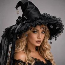 Halloween Witch Hat Gothic Wizard Hat Headwear With Detachable Bow - Black - View 9