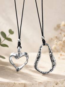 Hegaze 1pc Bohemian Style Geometric Asymmetrical Water Drop Large Pendant Adjustable Drawstring Long Necklace For Women - Irregular Water Droplets - View 4