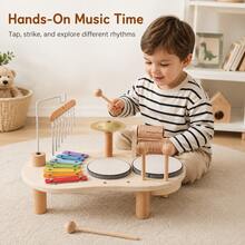 1 Set Wooden Music Activity Table Toy For Kids, Multi-Instrument Play Set With Xylophone, Drum, Cymbal, Chime And 2 Mallets - Multicolor - View 5