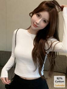 返校季白色長袖女款多功能短版上衣 秋冬修身顯身材內搭層 性感休閒 - 白色 - 查看 2