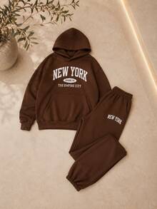 2-Piece Girls' Thermal Sweatshirt Set With Hood And Jogger Pants, Sizes 8-14 - 鏽棕色 - 查看 2