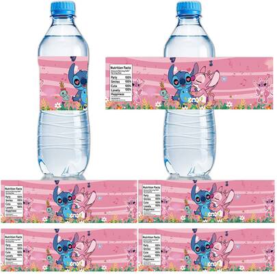 Lilo & Stitch Water Bottle Labels Stickers, Cute Stitch & Angel Self Adhesive Water Bottle Wrappers, Pink Cartoon Bottle Stickers For Birthday Party Table Favor Decor Supplies