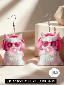 Pendientes colgantes 2D planos de gato blanco chicle rosa, gafas de moda de auriculares acrílicos rosa para mujer, orejas de gato geniales, estilo Y2K, animal lindo, amante de la música, joyería divertida, regalo - Gato blanco de chicle - Ver 5