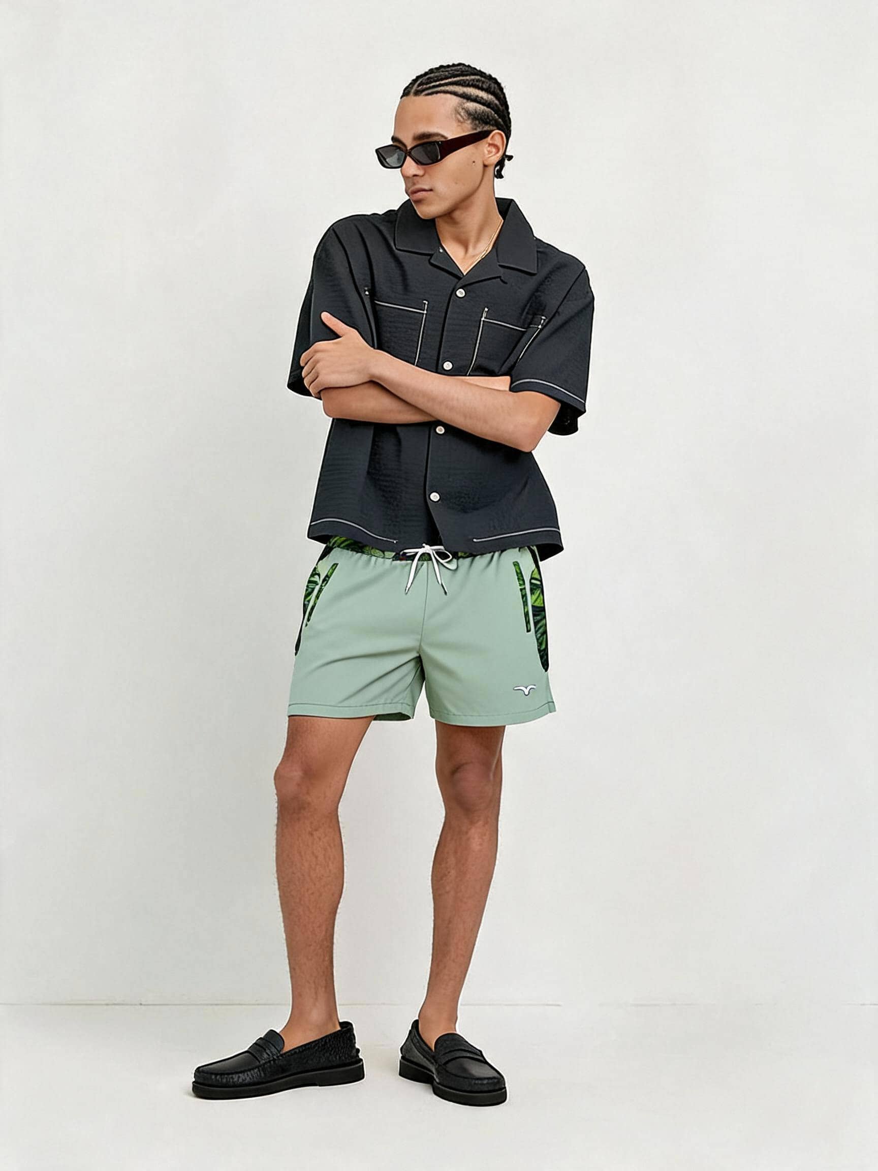 Men's Hawaiian Tropical Palm Leaf Beach Shorts With Lining