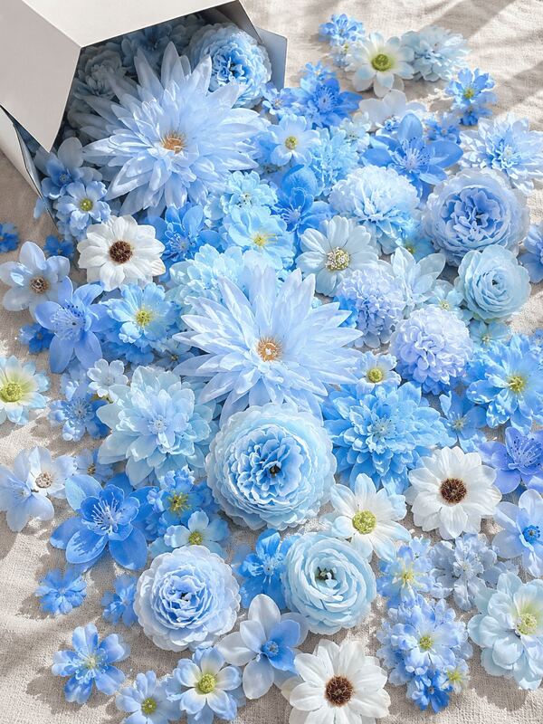 40/20 piezas Paquete de material de flores artificiales de combinación azul, tocados hechos a mano DIY, coronas de flores, decoración de bodas, decoración de fiestas de vacaciones y cumpleaños, corsages de muñeca para novia, hogar, florista, jardinería y decoración del Día de la Madre, materiales de flores artificiales
