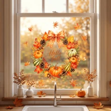 1/2件裝秋季花環窗貼 Hello Fall 南瓜向日葵楓葉靜電貼紙 雙面可移除玻璃貼紙 感恩節商店門窗居家裝飾 - 秋季花圈窗貼 - 查看 11